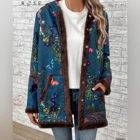 SHEIN Jackets & Blazers - EMERY ROSE Floral & Butterfly Print Contrast Trim Hooded Coat  3XL